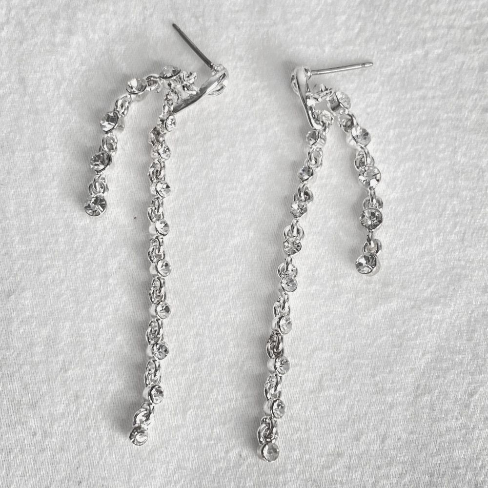 💎Silver Tone Dangle Drop Earrings Double Cable Chains With Clear Rhinestones